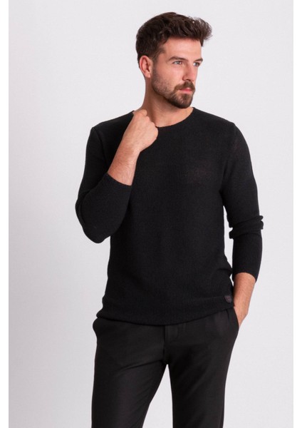 Lase Siyah Slim Fit Bisiklet Yaka Uzun Kollu Erkek Triko