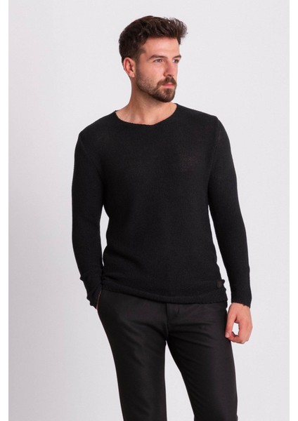 Lase Siyah Slim Fit Bisiklet Yaka Uzun Kollu Erkek Triko