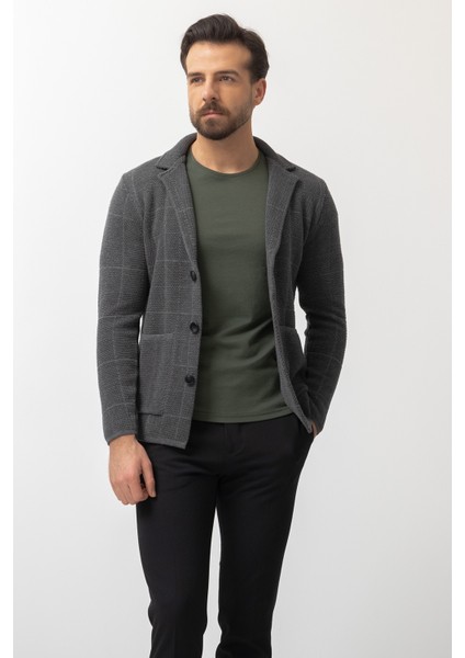 Kareli Antrasit Rengi Torba Cep Slim Fit Erkek Triko Ceket