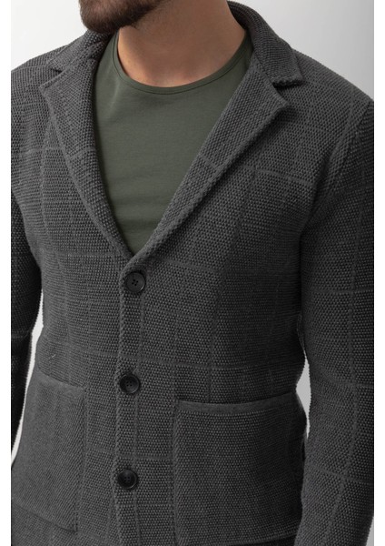 Kareli Antrasit Rengi Torba Cep Slim Fit Erkek Triko Ceket