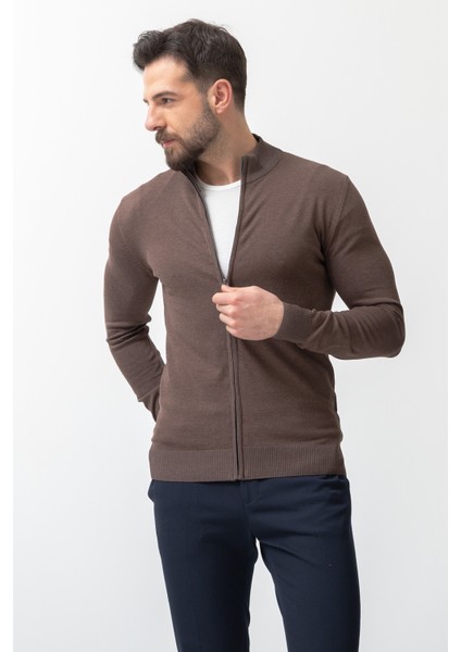 Duz Kahverengi Slim Fit Yarım Balıkcı Yaka Erkek Hırka