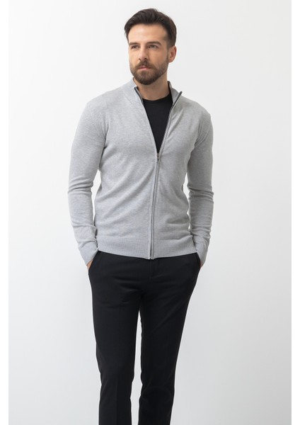 Duz Gri Renk Slim Fit Yarım Balıkcı Yaka Erkek Hırka