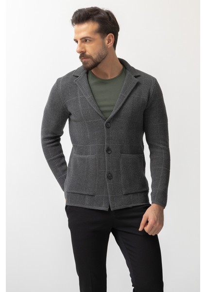Kareli Antrasit Rengi Torba Cep Slim Fit Erkek Triko Ceket