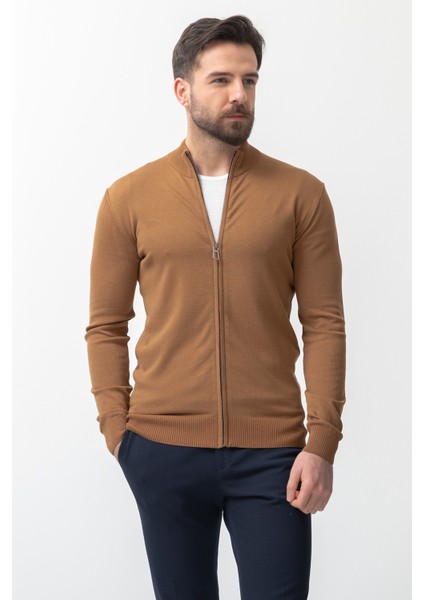 Duz Kamel Rengi Slim Fit Yarım Balıkcı Yaka Erkek Hırka
