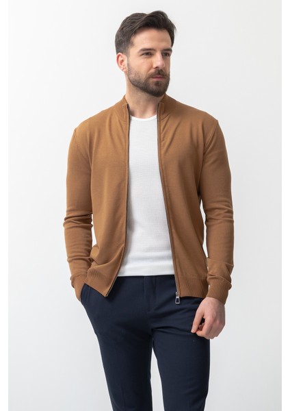 Duz Kamel Rengi Slim Fit Yarım Balıkcı Yaka Erkek Hırka modelleri