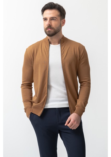 Duz Kamel Rengi Slim Fit Yarım Balıkcı Yaka Erkek Hırka fırsatları
