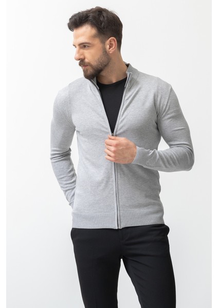 Duz Gri Renk Slim Fit Yarım Balıkcı Yaka Erkek Hırka