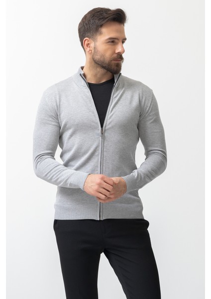 Duz Gri Renk Slim Fit Yarım Balıkcı Yaka Erkek Hırka modelleri