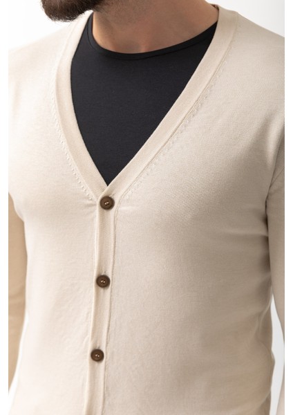 Düz Bej Rengi Slim Fit Düğmeli Triko Erkek Hırka
