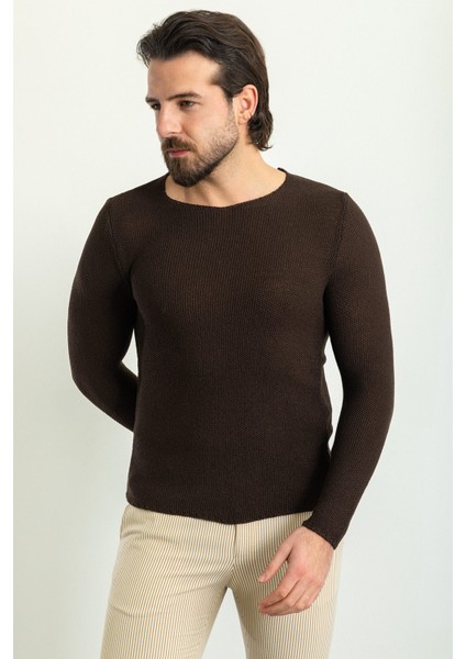 Lase Kahverengi Slim Fit Bisiklet Yaka Uzun Kollu Erkek Triko