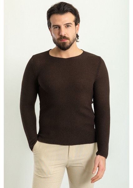 Lase Kahverengi Slim Fit Bisiklet Yaka Uzun Kollu Erkek Triko