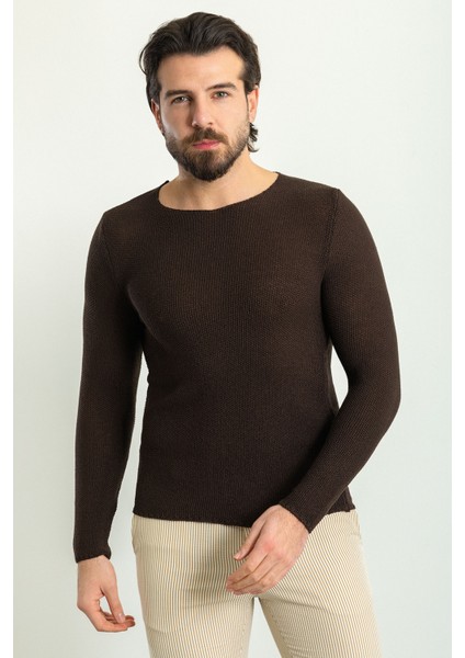 Lase Kahverengi Slim Fit Bisiklet Yaka Uzun Kollu Erkek Triko