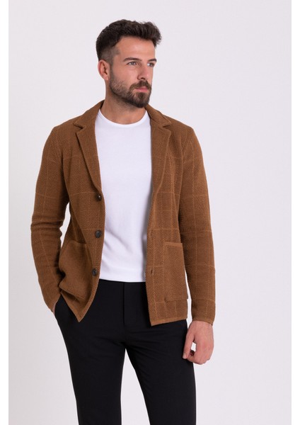Kareli Kamel Rengi Torba Cep Slim Fit Erkek Triko Ceket