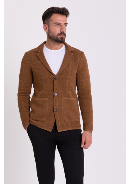 Kareli Kamel Rengi Torba Cep Slim Fit Erkek Triko Ceket