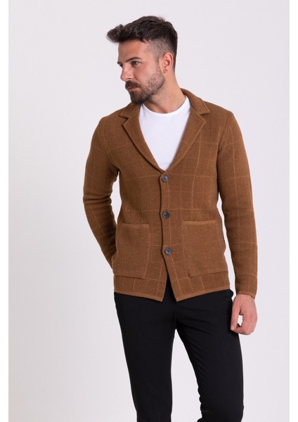 Kareli Kamel Rengi Torba Cep Slim Fit Erkek Triko Ceket