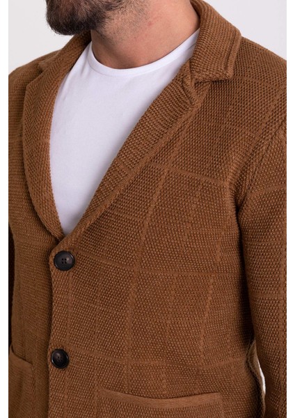 Kareli Kamel Rengi Torba Cep Slim Fit Erkek Triko Ceket