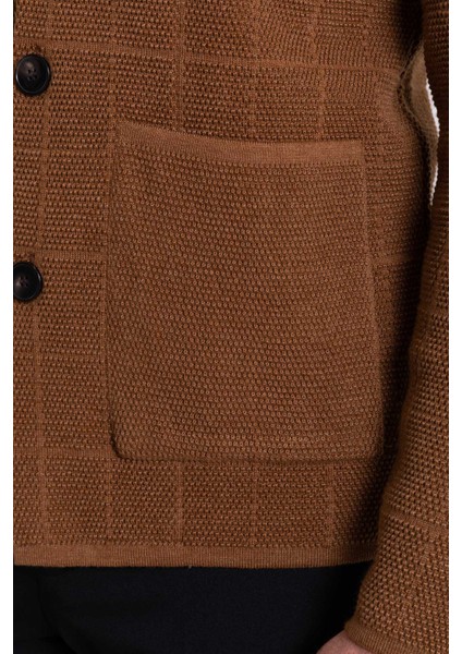 Kareli Kamel Rengi Torba Cep Slim Fit Erkek Triko Ceket
