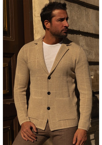 Kareli Bej Rengi Torba Cep Slim Fit Erkek Triko Ceket