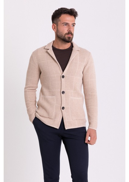 Kareli Bej Rengi Torba Cep Slim Fit Erkek Triko Ceket