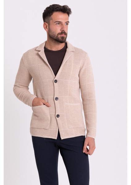 Kareli Bej Rengi Torba Cep Slim Fit Erkek Triko Ceket