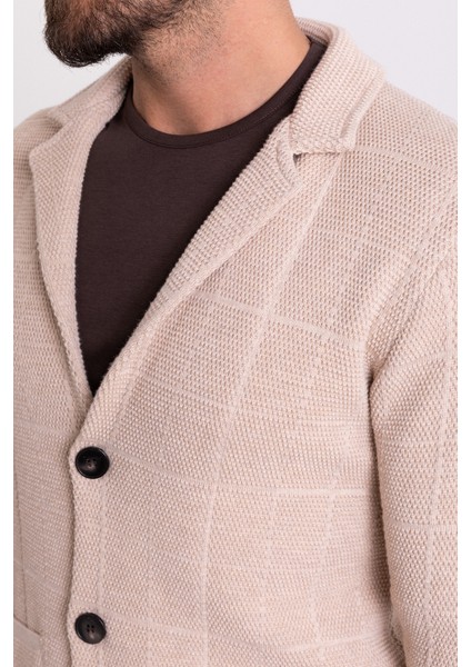 Kareli Bej Rengi Torba Cep Slim Fit Erkek Triko Ceket