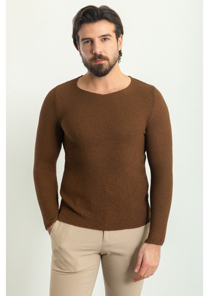 Lase Açık Kahverengi Slim Fit Bisiklet Yaka Uzun Kollu Erkek Triko