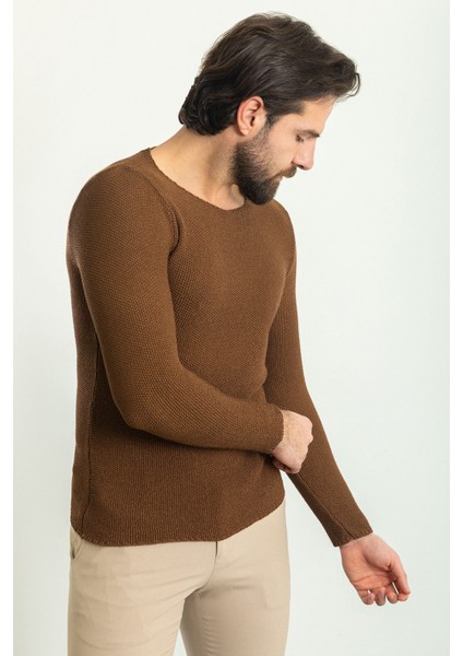 Lase Açık Kahverengi Slim Fit Bisiklet Yaka Uzun Kollu Erkek Triko