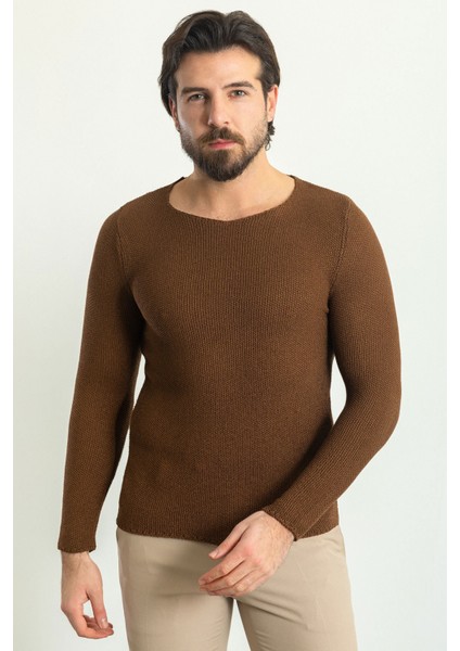 Lase Açık Kahverengi Slim Fit Bisiklet Yaka Uzun Kollu Erkek Triko