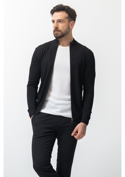 Duz Siyah Renk Slim Fit Yarım Balıkcı Yaka Erkek Hırka