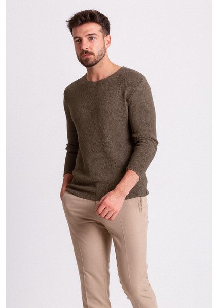 Lase Haki Slim Fit Bisiklet Yaka Uzun Kollu Erkek Triko