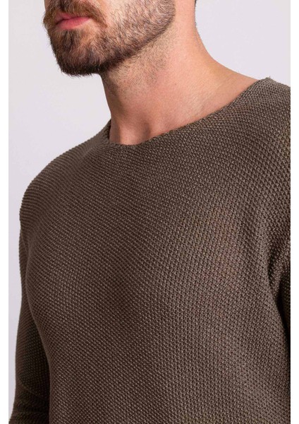 Lase Haki Slim Fit Bisiklet Yaka Uzun Kollu Erkek Triko