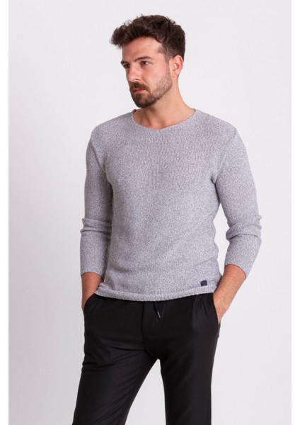 Lase Siyah Beyaz Slim Fit Bisiklet Yaka Uzun Kollu Erkek Triko