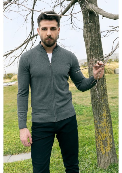 Duz Antrasit Renk Slim Fit Yarım Balıkcı Yaka Erkek Hırka
