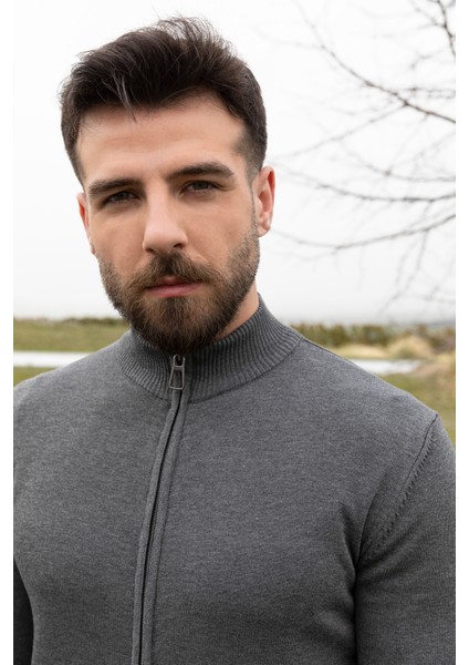 Duz Antrasit Renk Slim Fit Yarım Balıkcı Yaka Erkek Hırka fiyatları