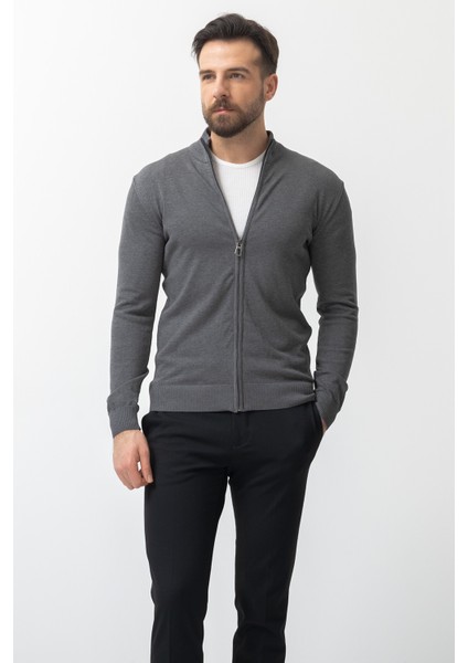Duz Antrasit Renk Slim Fit Yarım Balıkcı Yaka Erkek Hırka modelleri