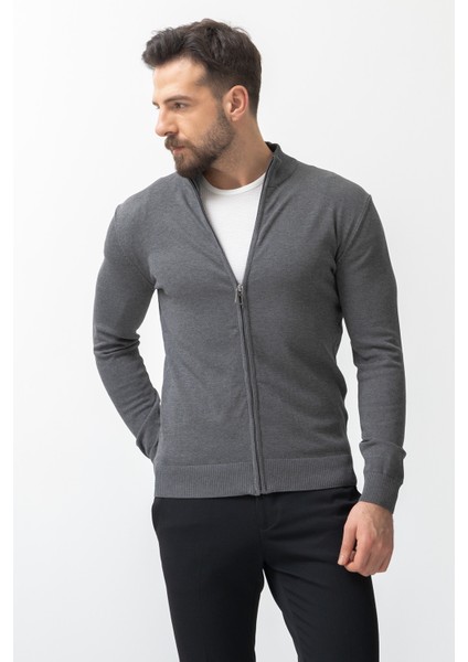 Duz Antrasit Renk Slim Fit Yarım Balıkcı Yaka Erkek Hırka indirimleri