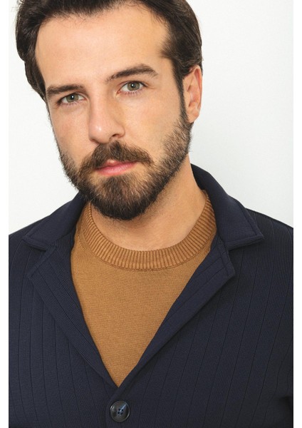 Çizgili Lacivert Renk Torba Cep Slim Fit Yün Erkek Triko Ceket fiyatları