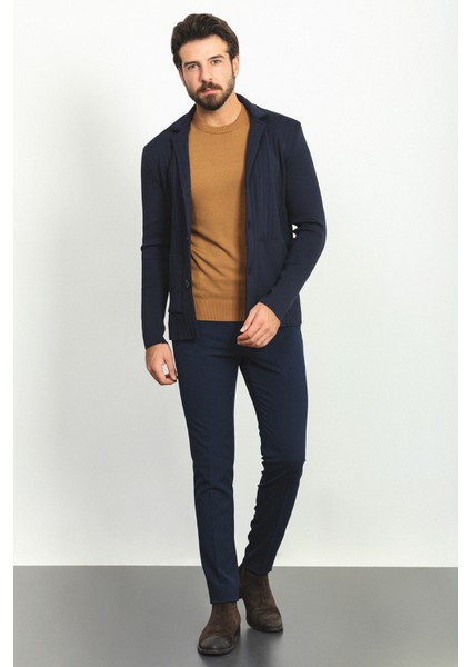 Çizgili Lacivert Renk Torba Cep Slim Fit Yün Erkek Triko Ceket modelleri