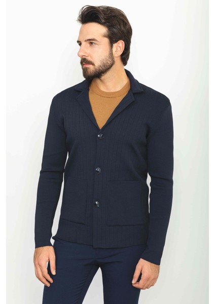 Çizgili Lacivert Renk Torba Cep Slim Fit Yün Erkek Triko Ceket fırsatları