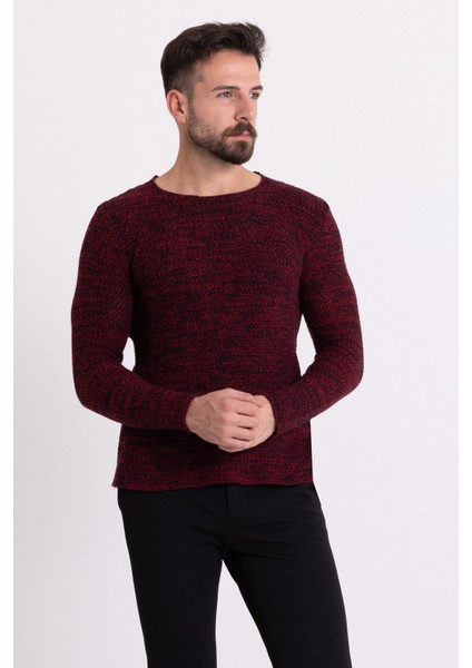 Kırçıllı Bordo Renk Slim Fit Uzun Kollu Geniş Bisiklet Yaka Erkek Kazak modelleri