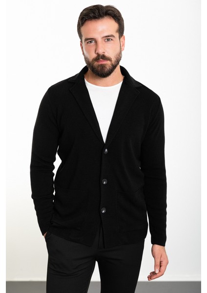 Düz Siyah Slim Fit Torba Cep Yün Erkek Triko Ceket