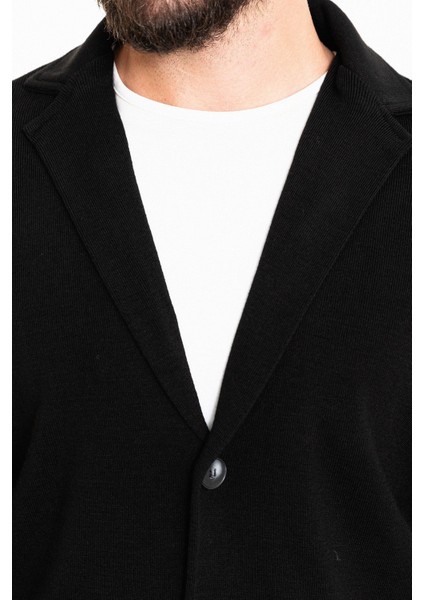 Düz Siyah Slim Fit Torba Cep Yün Erkek Triko Ceket