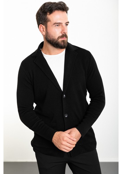 Düz Siyah Slim Fit Torba Cep Yün Erkek Triko Ceket