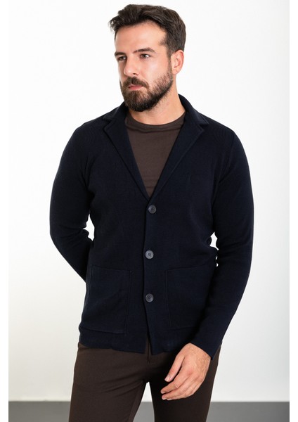 Düz Lacivert Slim Fit Torba Cep Yün Erkek Triko Ceket