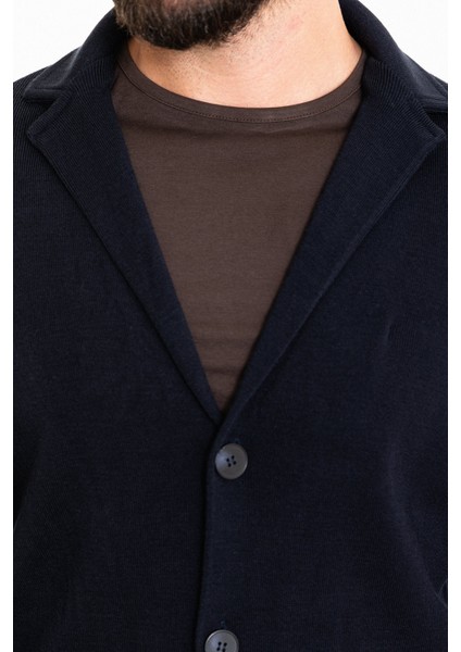 Düz Lacivert Slim Fit Torba Cep Yün Erkek Triko Ceket