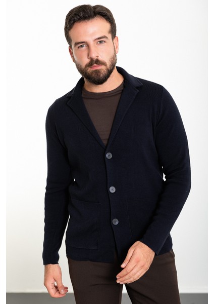 Düz Lacivert Slim Fit Torba Cep Yün Erkek Triko Ceket