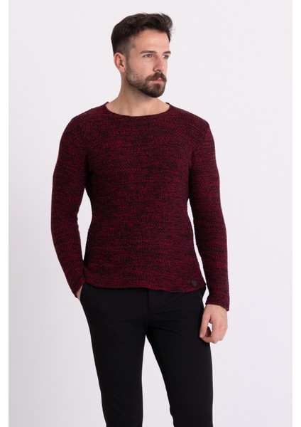 Kırçıllı Bordo Renk Slim Fit Uzun Kollu Geniş Bisiklet Yaka Erkek Kazak
