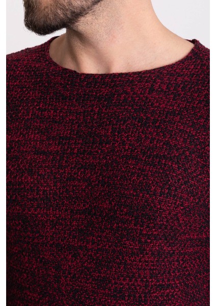 Kırçıllı Bordo Renk Slim Fit Uzun Kollu Geniş Bisiklet Yaka Erkek Kazak