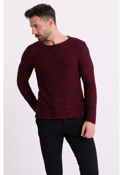 Kırçıllı Bordo Renk Slim Fit Uzun Kollu Geniş Bisiklet Yaka Erkek Kazak