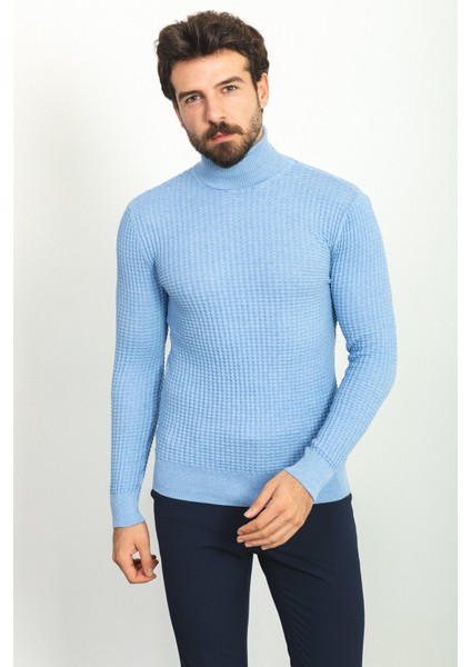 Dokulu Açık Mavi Renk Slim Fit Tam Balıkçı Yaka Erkek Kazak modelleri